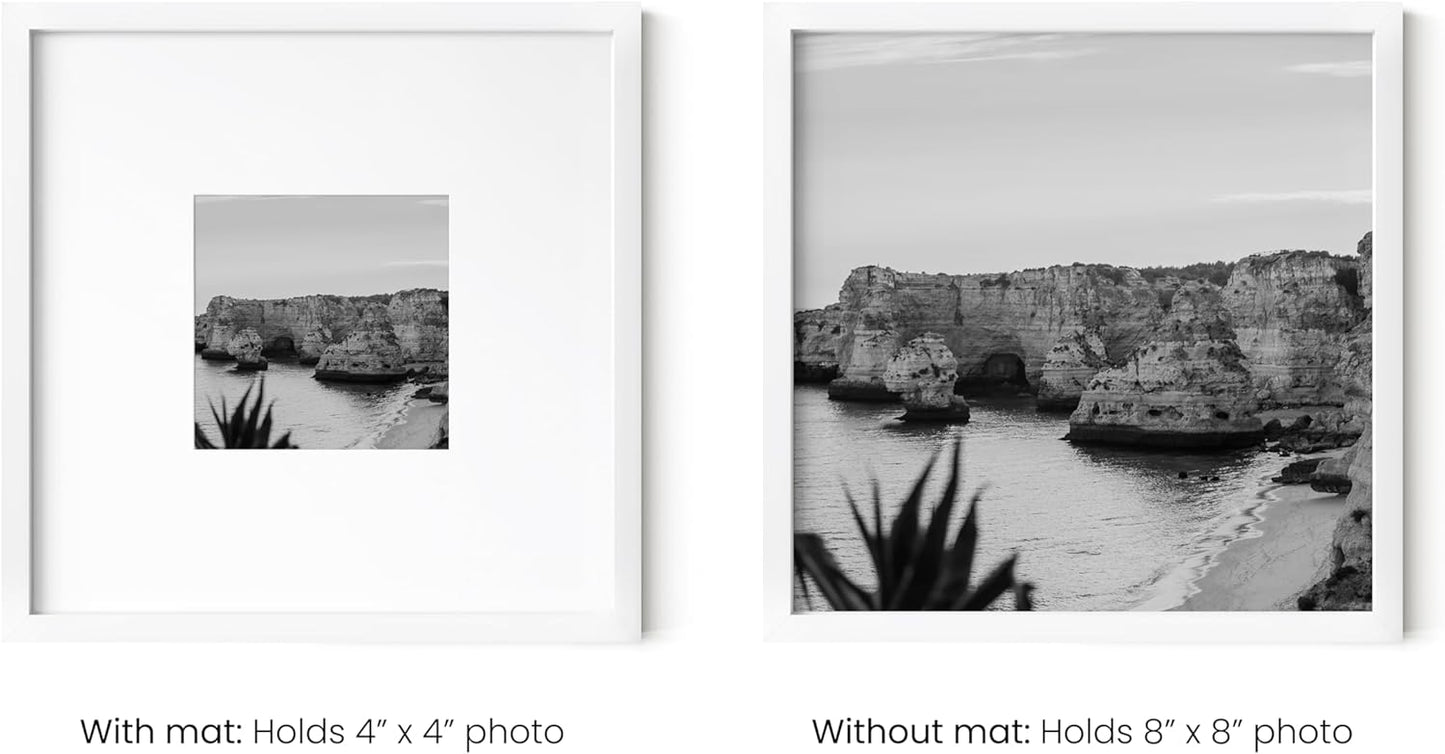 HAUS AND HUES 8x8 White Metal Picture Frames Matted to 4x4 - Features Premium Aluminum, Shatterproof Plexiglass - Ideal for Home, Room, Office (8x8 in, White, Set of 4)