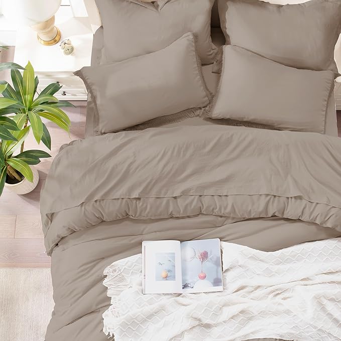 Andency Queen Comforter Set with Sheets Khaki - 7 Pieces Boho Tassel Bed in a Bag Soft Lightweight Bedding Sets, Fringe Bed Set with Comforter, Sheets, Pillowcases & Shams