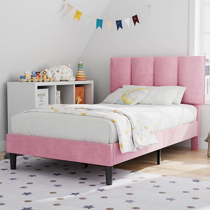 VECELO Twin Bed Frame with Upholstered Headboard, Heavy-Duty Platform Bedframe with Strong Wooden Slats Support, No Boxing Spring Needed, Pink