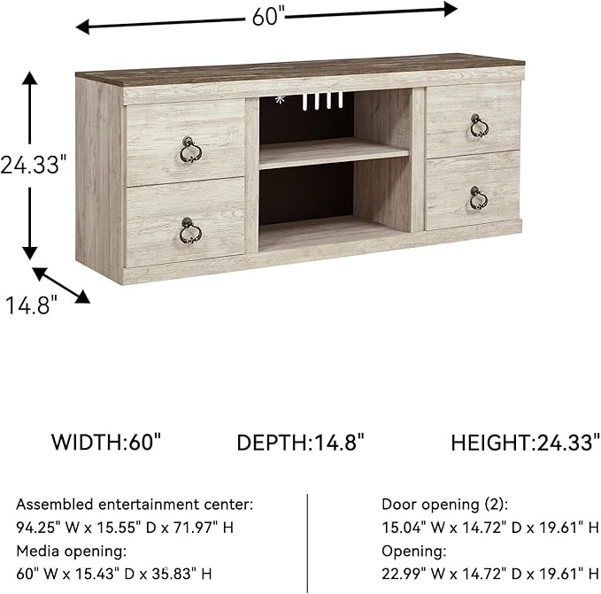 Signature Design by Ashley Willowton Shabby Chic Large TV Stand up to 60" with 3 Shelves and Fireplace Option, White