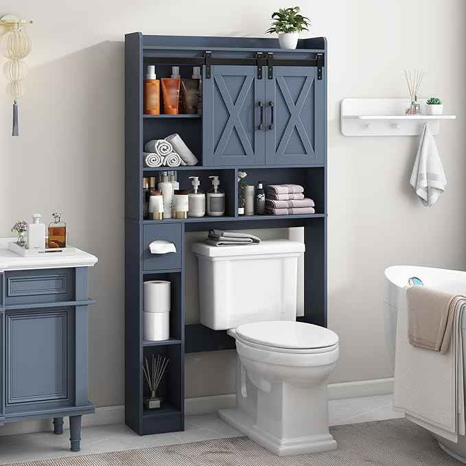 Vabches Over The Toilet Storage Cabinet, Farmhouse Storage Cabinet Over Toilet with Sliding Doors，Home Space-Saving Toilet Rack, for Bathroom, Restroom, Laundry