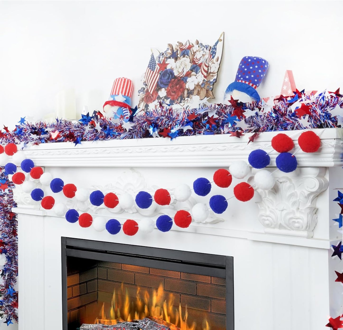 TBD Decor 3pk 4th of July Decorations Patriotic Red White Blue Pom Pom Garland 20FT 4cm Large Felt Ball Garland for Independence Day,Party Home Supplies Decorations