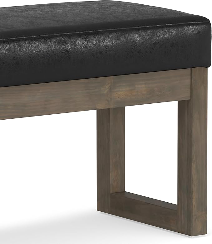 SIMPLIHOME Milltown Small Ottoman Bench - 27 inch Wide Upholstered Vegan Leather Rectangle Footstool Ottoman in Distressed Black, Contemporary Bench for Bedroom with Cushioned Seat, Assembled