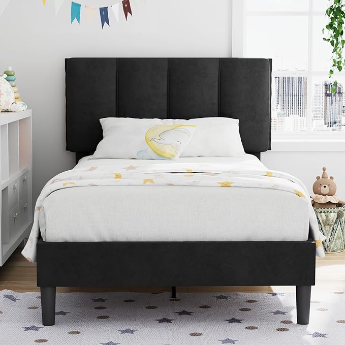 VECELO Twin Size Bed Frame with Upholstered Headboard, Heavy-Duty Bedframe with Wooden Slats & Steel Framework, Easy Assembly, Velvet & Black