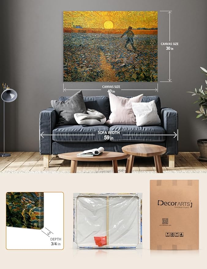 DECORARTS - Vincent Van Gogh The Sower Wall Art, Large Giclee Canvas Print Gallery Wrapped Van Gogh Art For Living Room Decor 40x30, Made In USA