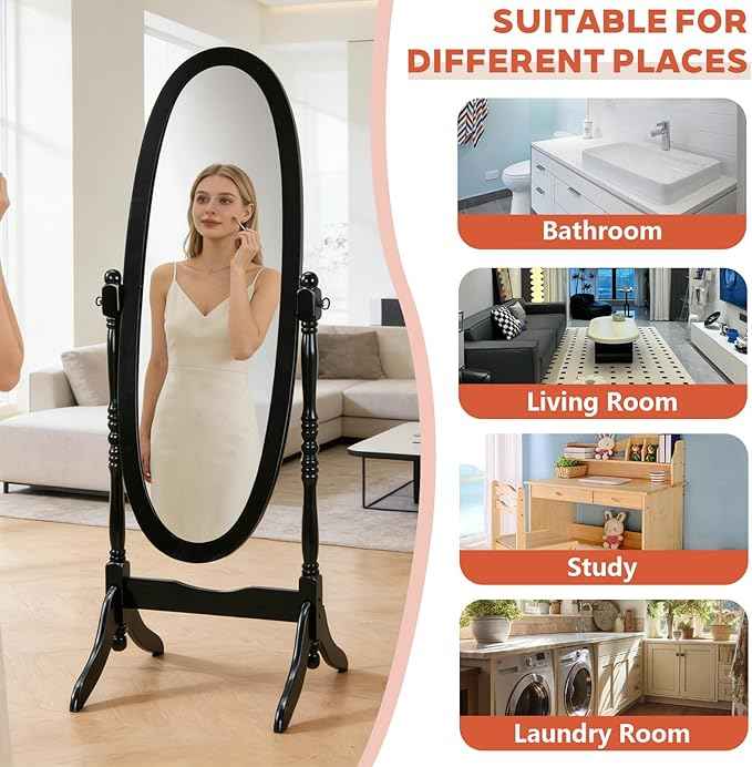 Full Length Mirror with Stand, Swivel Adjustable Oval Wood Cheval Floor Mirror, Dressing Cheval Mirror for Bedroom Livingroom, Interior Gift Idea (Black)