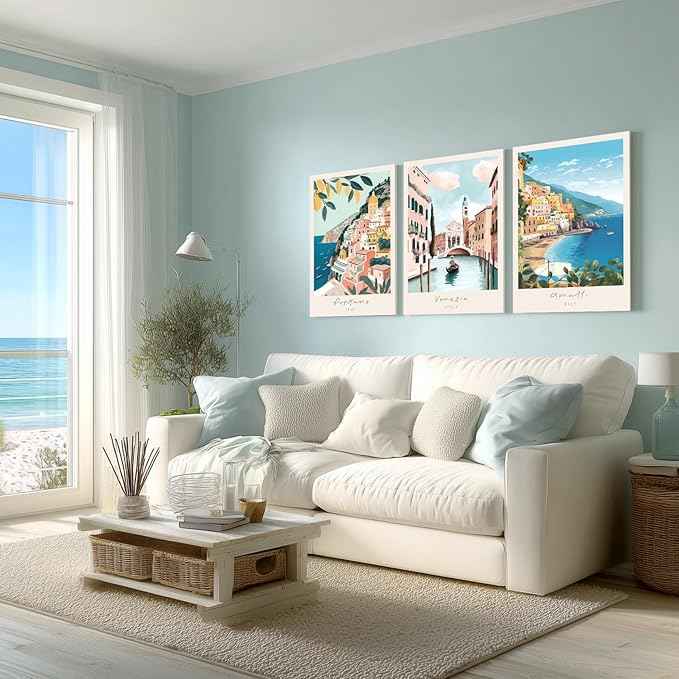 Cyebmo Framed Italy Travel Wall Art, Amalfi Coast Landscape Wall Decor, Blue Venice Coast Wrapped Canvas Artwork, Italian Modern City Aesthetic Picture for Living Room Bedroom Bathroom 12"x16"x3