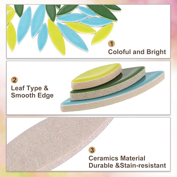 uxcell Ceramic Mosaic Tile, About 200g Teardrop Leaf Tile Mosaic Block for Handicrafts Artwork, Yellow/Blue/Green