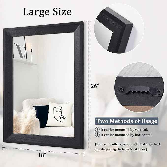 AAZZKANG Black Mirrors for Wall Rectangle Wood Framed Large 26"x18" Decorative Wall Mirror for Bedroom Bathroom Living Room Dressing Room Entryway