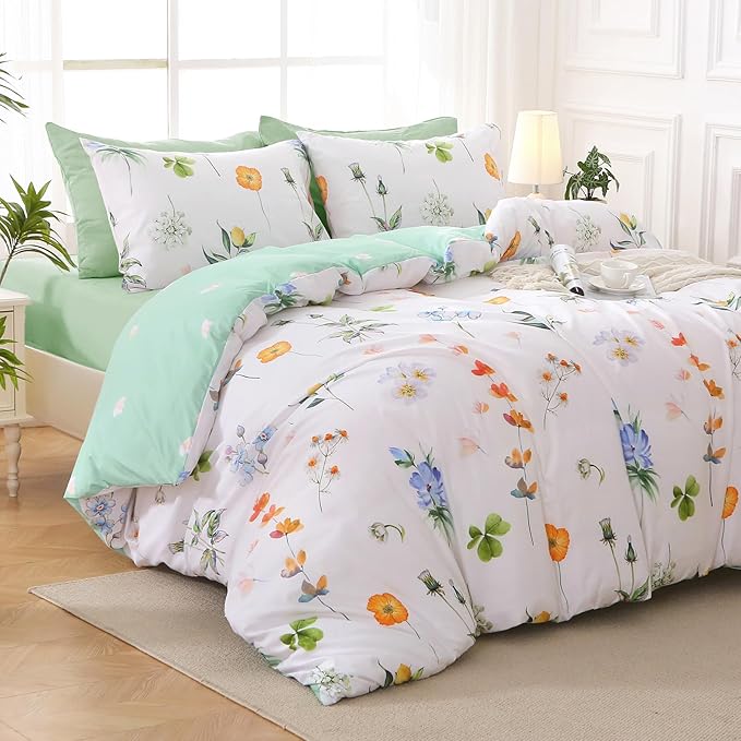 MUXHOMO Multi Flower Bed in a Bag King 7 Pieces, King Comforter Set Reversible Botanical Flowers Design, Ultra Soft & Breathable Bedding Sets with Comforter, Sheets, Pillowcases & Shams
