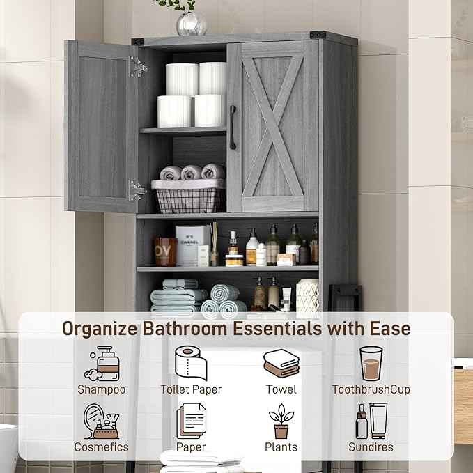 Vabches Over The Toilet Storage Cabinet, Farmhouse Over Toilet Storage Cabinet, Metal Frame with 2 Barn Doors, Home Space-Saving Toilet Rack for Bathroom, Toilet, Laundry Room.