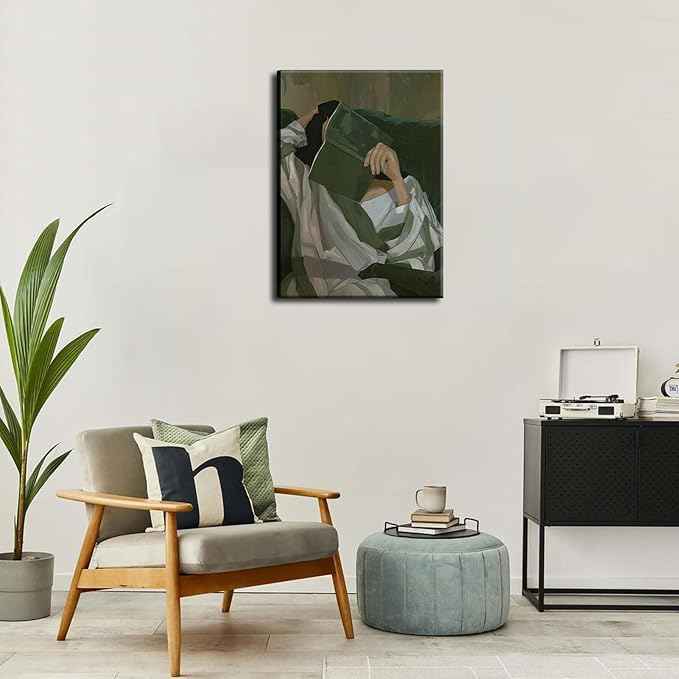 Emerald Green Reading Woman Canvas Wall Art Abstract Cozy People Wall Decor Pictures Minimalist Green Feminine Aesthetic Poster Print for Bedroom Living Room Home Decoration 16x24in