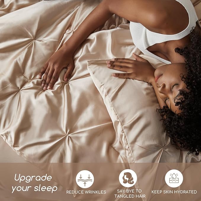 MR&HM Satin Comforter King 7 Pieces - Luxurious Pinch Pleat Bedding Set with Comforter, Flat Sheet, Fitted Sheet, Pillowcases & Shams, Super Silky Soft Bed Set for All Season (King, Champagne)