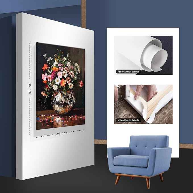 Colorful Moody Florals Disco Ball Wall Art, Maximalist Funky Wildflowers Bouquet Disco Ball Canvas Poster, Retro Cottagecore Flower Prints Paiting, Vintage Eclectic Wall Decor 24X36in Framed