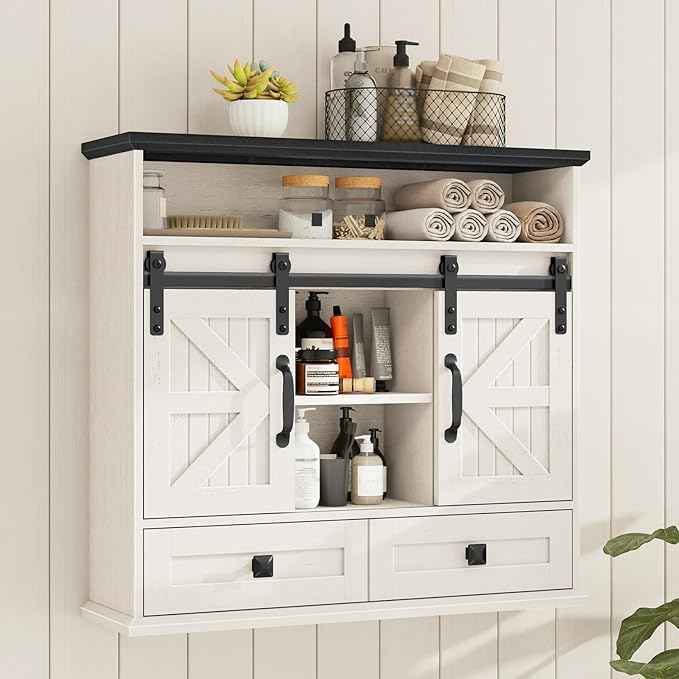 Vabches Bathroom Wall Cabinet, Farmhouse Medicine Cabinet with Double Sliding Barn Door and Storage Drawer, Wooden Vintage Storage Cabinet Wall Mounted for Bathroom, Kitchen, Rustic White and Black