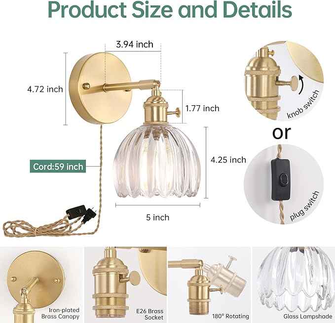 Plug in Wall Sconce, Transparent Tulip Glass Lampshade Wall Light Plugin Corded for Bedside Bedroom Doorway