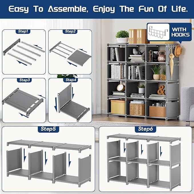 Mavivegue Book Shelf, 12 Cube Storage Organizer, DIY Bookcase, Metal Cube Bookshelf, Cubbies Closet Storage Organizer Shelves for Bedroom,Living Room,Home,Office