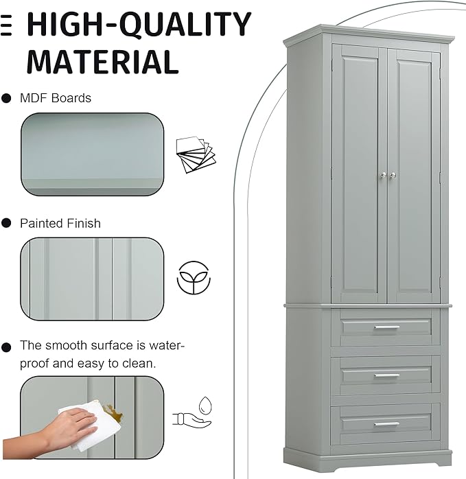 62.2" Wide Storage Cabinet Pantry Cupboard with Doors and Drawers for Home Kitchen, Bathroom and Living Room, Adjustable Shelf, White