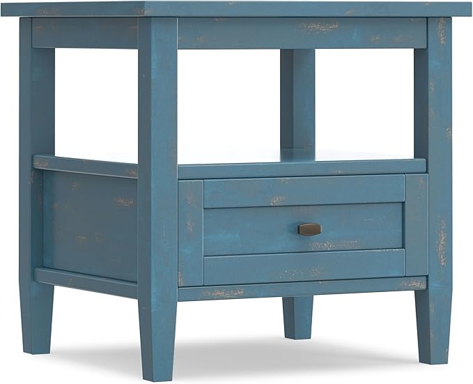 SIMPLIHOME Warm Shaker End Table - 20 inch Wide Solid Wood Square Accent Table in Distressed Coastal Blue, Transitional Side Table for Living Room or Bedroom with Drawer, Open Shelf and Tapered Legs