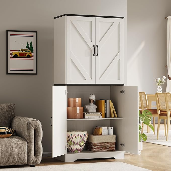 IDEALHOUSE 70" Kitchen Pantry Storage Cabinet, Farmhouse Kitchen Cabinet with 4 Doors & 3 Adjustable Shelves, Freestanding Cupboard for Dining Room,Living Room,White