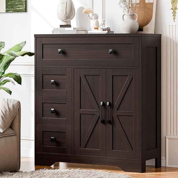 Vabches Farmhouse Storage Cabinet with 2 Doors and 4 Drawers, Freestanding Bathroom Storage Cabinet Kitchen Pantry, Floor Cupboard for Living Room/Bathroom/Kitchen,Espresso