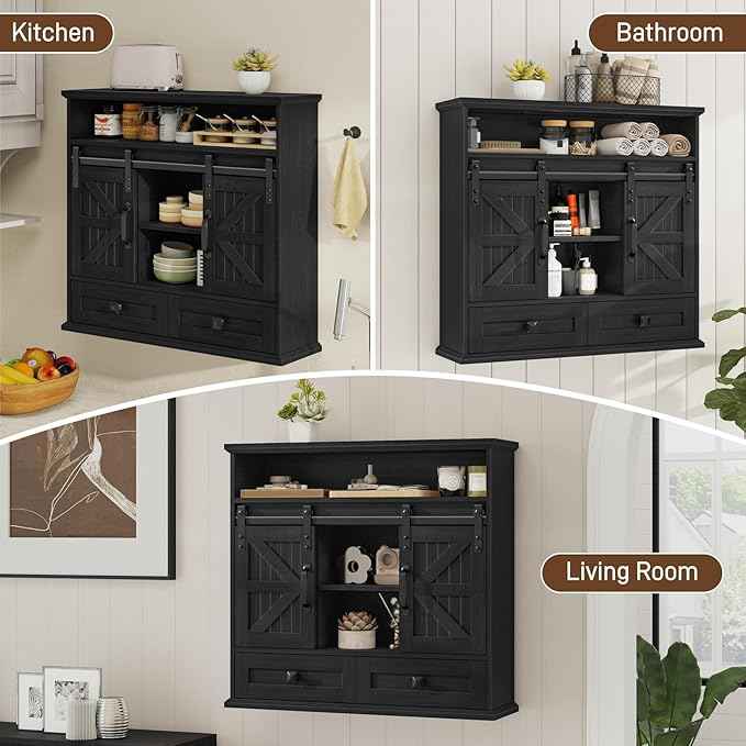 Vabches Bathroom Wall Cabinet, Farmhouse Medicine Cabinet with Double Sliding Barn Door and Storage Drawer, Wooden Vintage Storage Cabinet Wall Mounted for Bathroom, Kitchen, Rustic Black