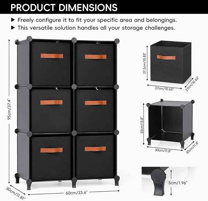 Cube Storage Organizer with Storage Bins, 6-Cube Shelves Units with 6 Organizer Bins, DIY Plastic Storage Shelves with Mallet, Closet Clothes Storage Shelves for Home, Bedroom, Living Room