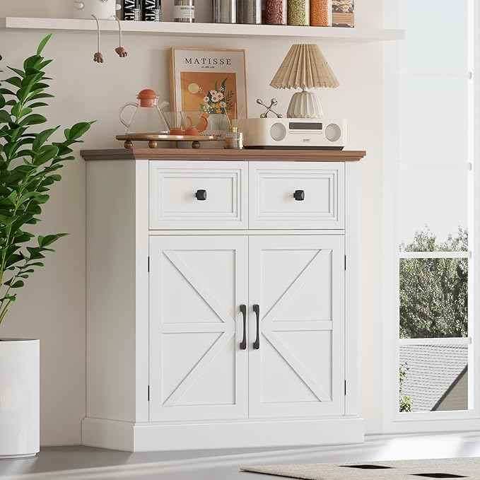 Vabches Farmhouse Buffet Sideboard with Drawers, Wood Pantry Cabinet with Storage, Rustic Storage Cabinet with Adjutable Shelf and Barn Door for Kitchen, Dining Room, Living Room, White