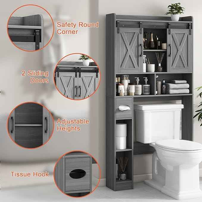 Farmhouse Over The Toilet Storage Cabinet with Sliding Door & Toilet Paper Holder Stand, Space-Saving for Bathroom & Restroom, Wash Grey