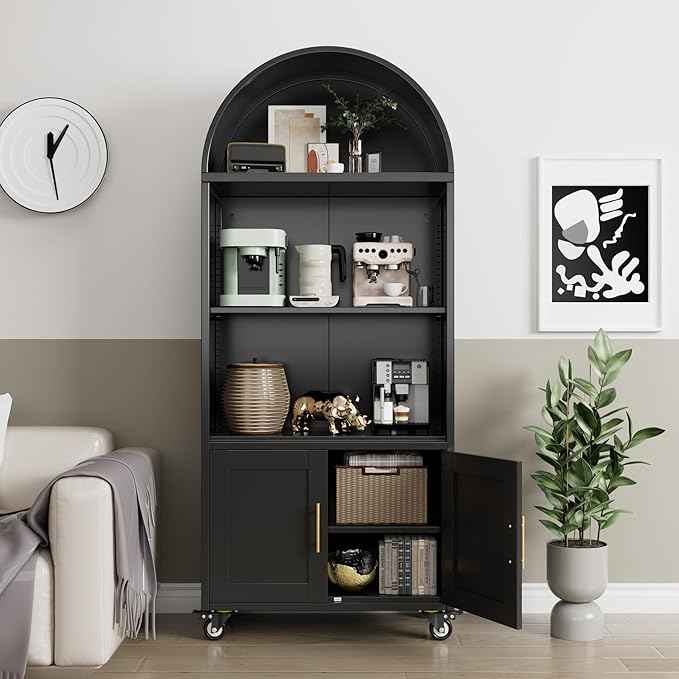 Metal Arched Bookcase with Wheels, Black Arched Bookshelf with 2 Adjustable Shelf for Home Office Living Room,Required Assembly