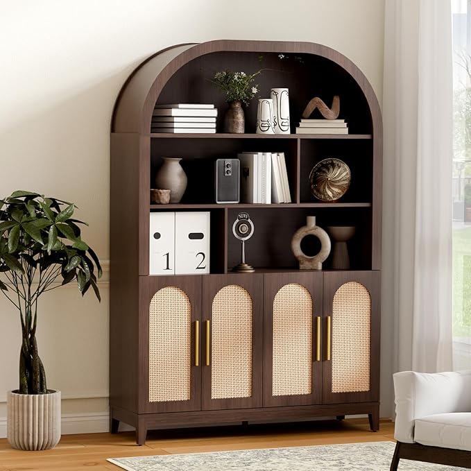 71" Tall Wide Arched Storage Cabinet, 5-Tier Rattan-Door Bookcase with Divider Shelf & Gold Pull Handles, Wood Versatile Pantry Organizer for Living Room/Kitchen/Office, Walnut