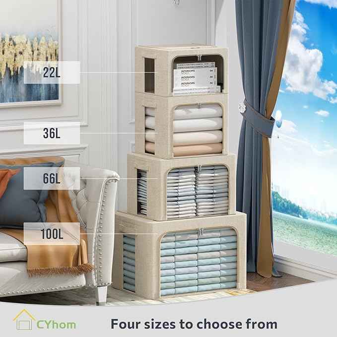 CYhom Extra Large Clothes Storage Bins - Linen Fabric Foldable Stackable Container Organizer Set with Clear Window & Carry Handles & Metal Frame - 2Pack Large Capacity for Bedding, Blankets, Books
