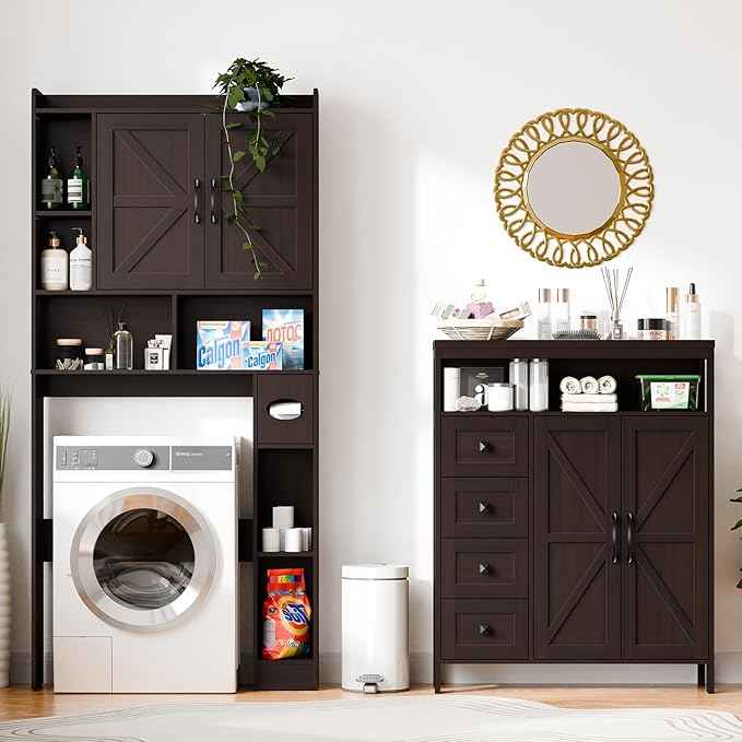 Vabches Farmhouse Storage Cabinet with 2 Doors and 4 Drawers, Freestanding Bathroom Compartment Kitchen Pantry Cabinet, Floor Cupboard for Kitchen/Living Room/Bathroom, Espresso