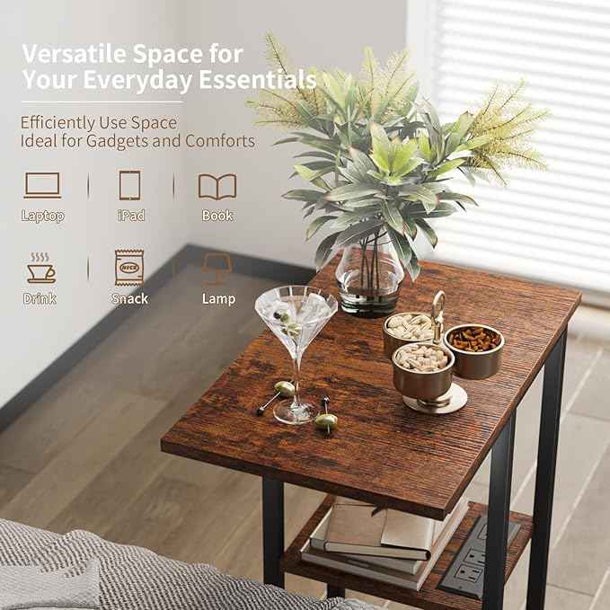 C Shaped End Table - C Table on Wheels - Bedside Table with Wheels, Power Outlet and USB - Sofa Table for Living Room, Bedroom, Small Spaces - 27.2'' High, Brown