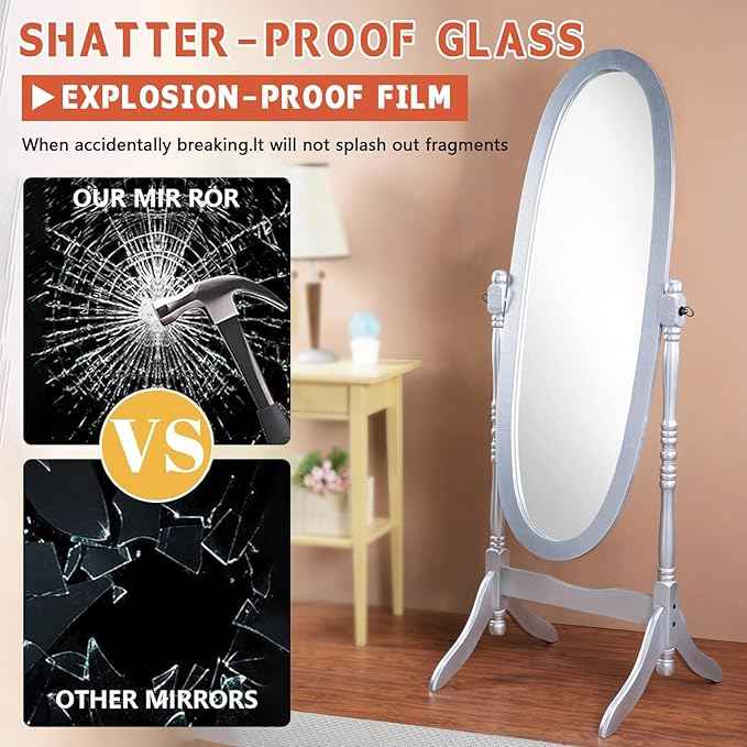 Full Length Mirror with Stand, Swivel Adjustable Oval Wood Cheval Floor Mirror, Dressing Cheval Mirror for Bedroom Livingroom, Interior Gift Idea (Silver)