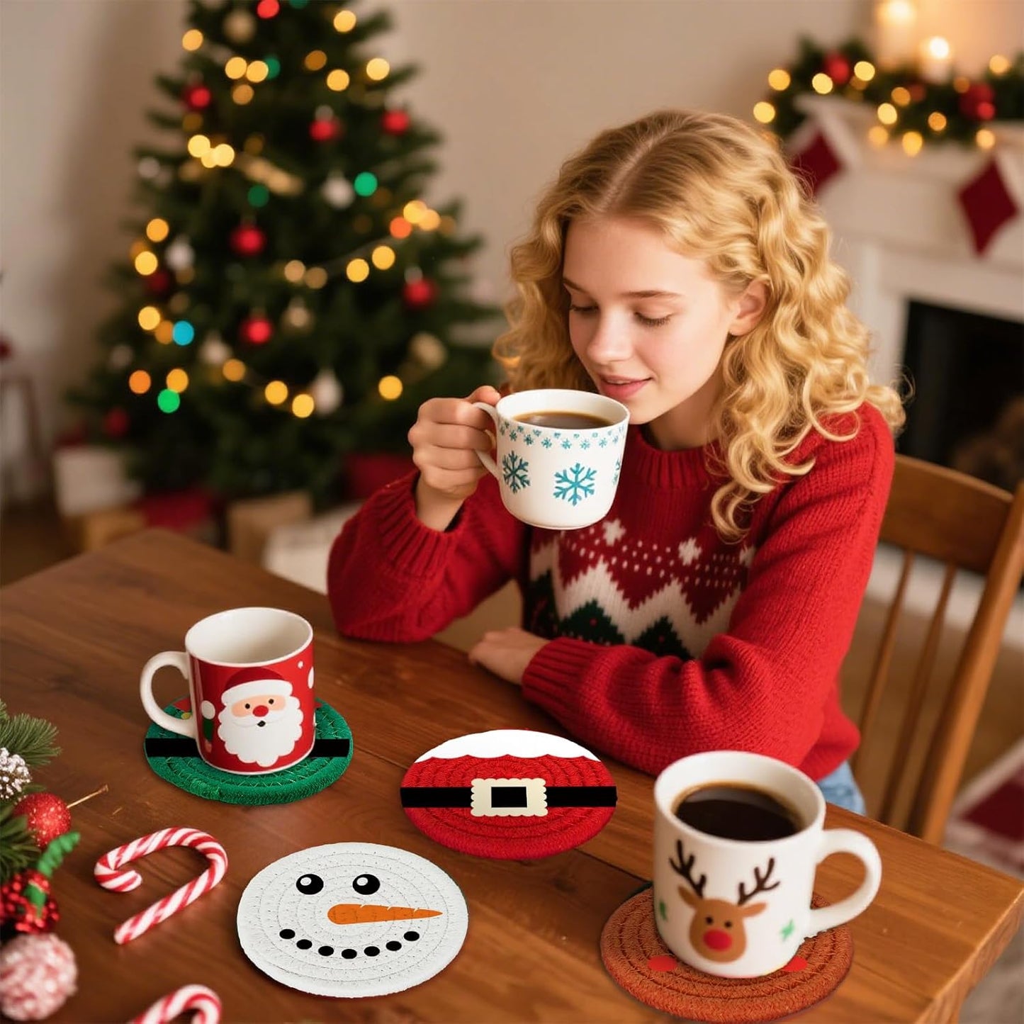 Whaline Christmas Cartoon Cotton Coasters Funny Santa Gingerbread Snowman Handmade Braided Drink Coasters Absorbent Cup Mats for Xmas Holiday Party Home Table Decor, Set of 4