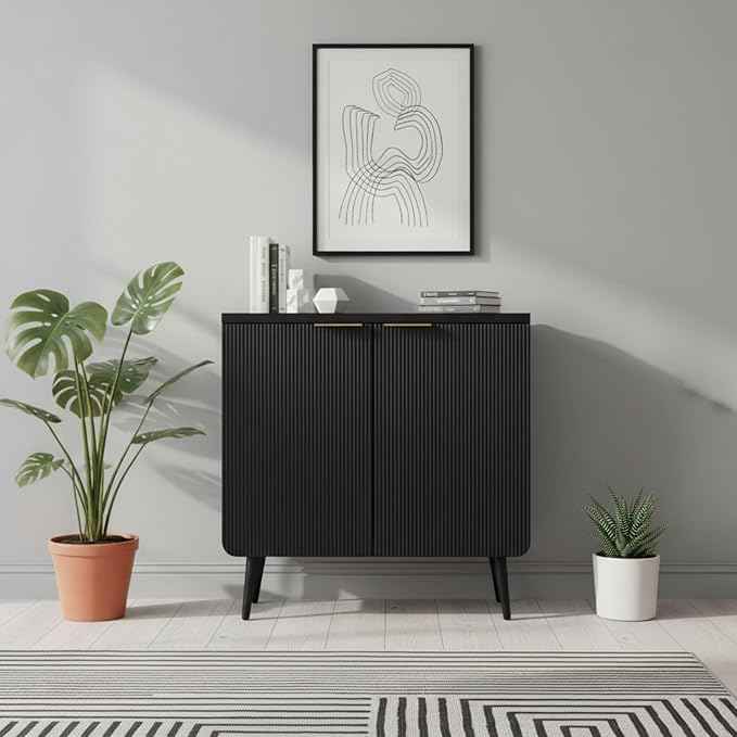 29.5" Modern Fluted Sideboard Cabinet with 2 Doors, Wood Storage Credenza with Shelves, Multi-Purpose Buffet Cabinet for Entryway, Dining & Living Room, Black