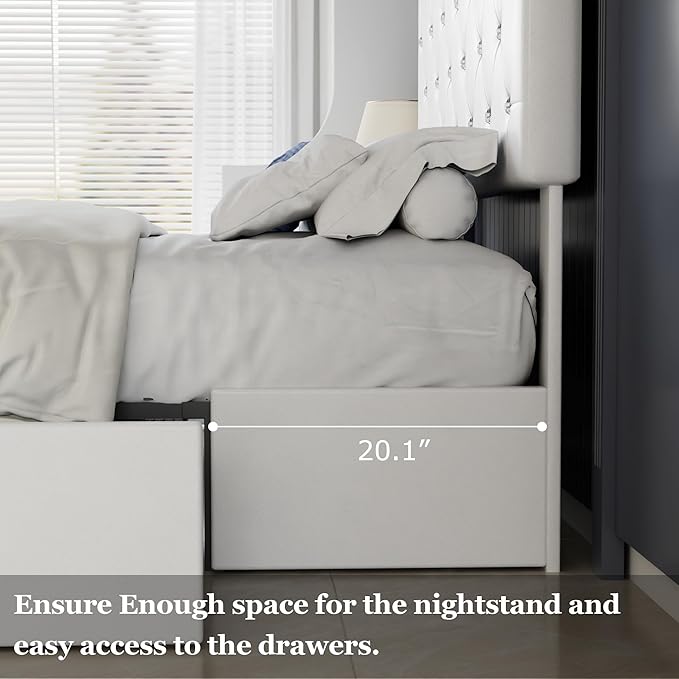 VECELO Full Size Bed Frame with 3 Storage Drawers, Leather Upholstered with Diamond Tufted Headboard, Solid Wood Slat Support, No Box Spring Needed, PU & White