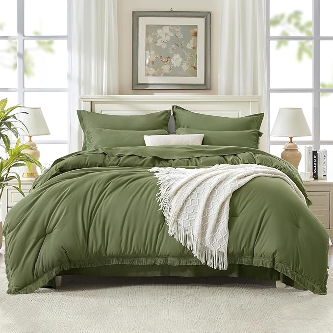 Andency Oversized King Comforter Set Olive Green 120x98-7 Pieces Boho Tassel Bed in a Bag Soft Lightweight Bedding Sets, Fringe All Season Bed Set with Comforter, Sheets, Pillowcases & Shams