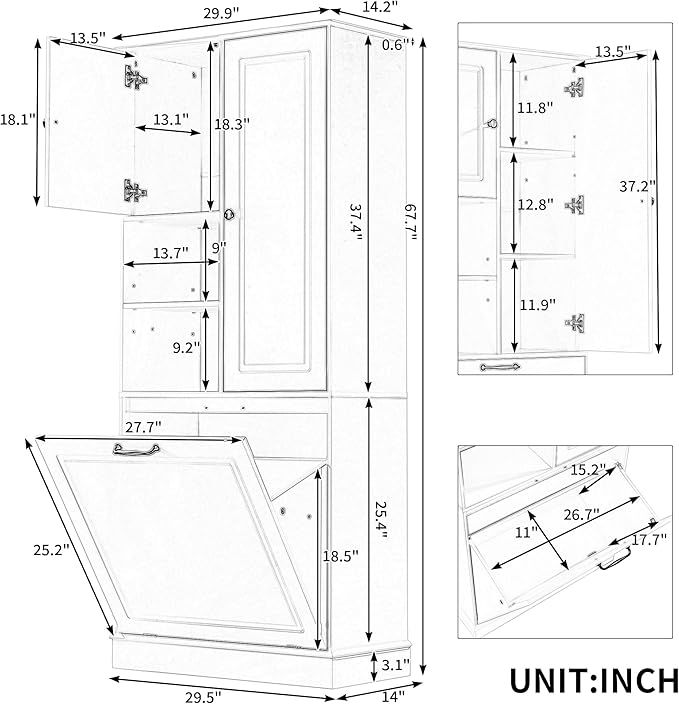 68" Tall Bathroom Storage Cabinet with Two Doors and Tilt-Out Laundry Hamper for Home Display Organizer, Adjustable Shelf, White