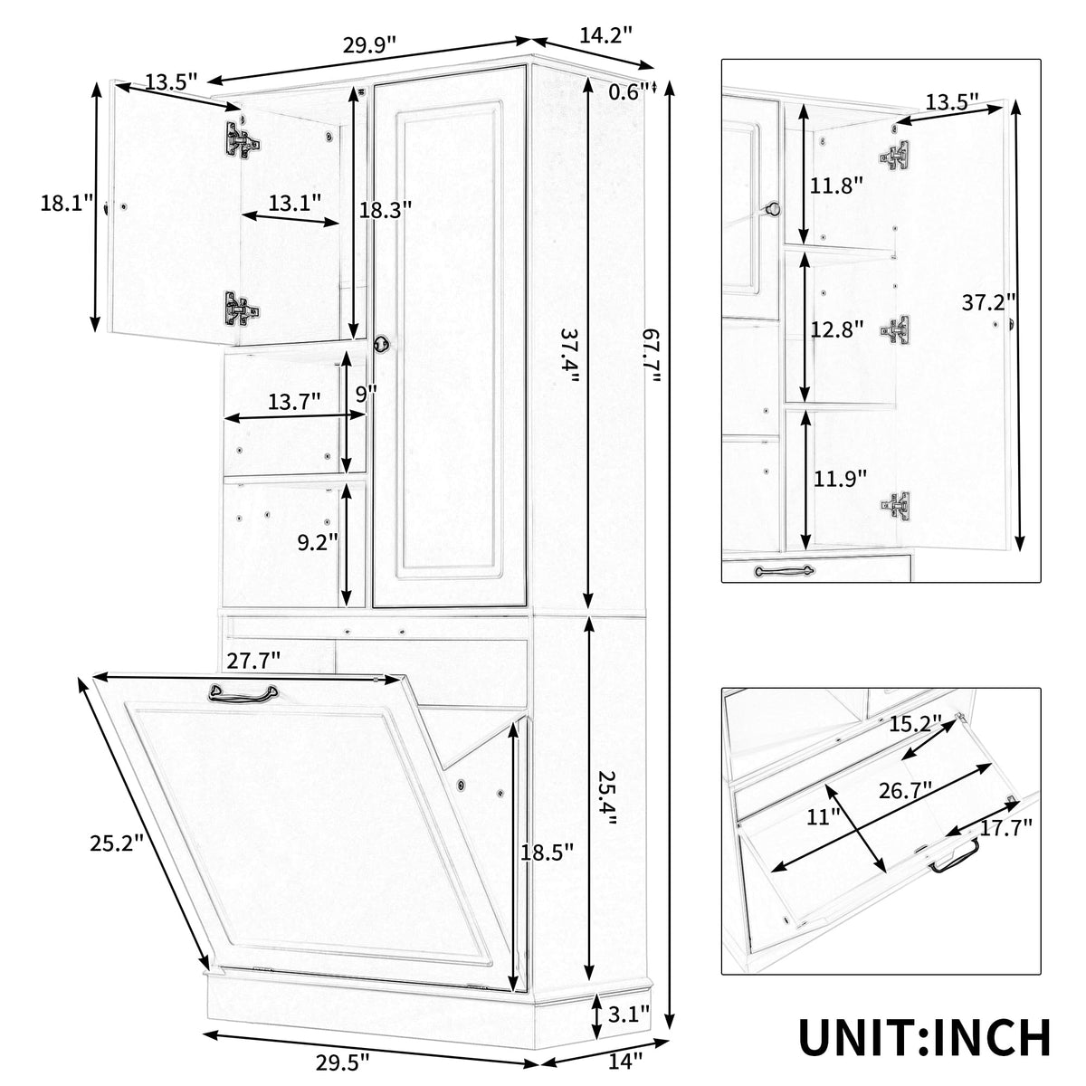 68" Tall Bathroom Storage Cabinet with Two Doors and Laundry Hamper for Home Display Organizer