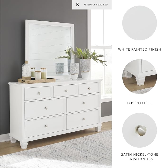 Signature Design by Ashley Fortman Casual Dresser and Mirror, Tapered Feet, 7 Storage Drawers, Round Satin Nickel Metal Knobs, Wood, 74.13" High, White