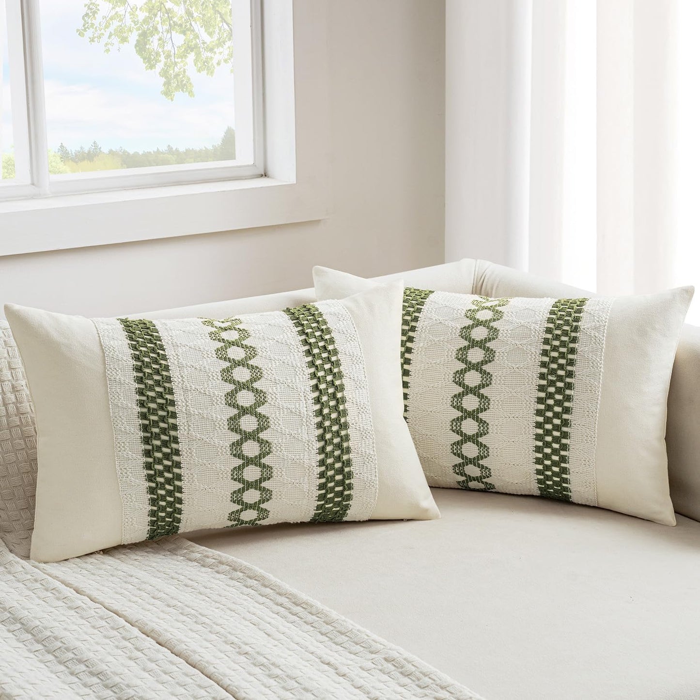 MIULEE Set of 2 Moss Green Boho Decorative Lumbar Pillow Covers 12x20 Inch Farmhouse Rustic Couch Throw Pillows Modern Summer Cushion Covers Retro Cute Macrame Woven Home Decor for Bed Sofa Chair