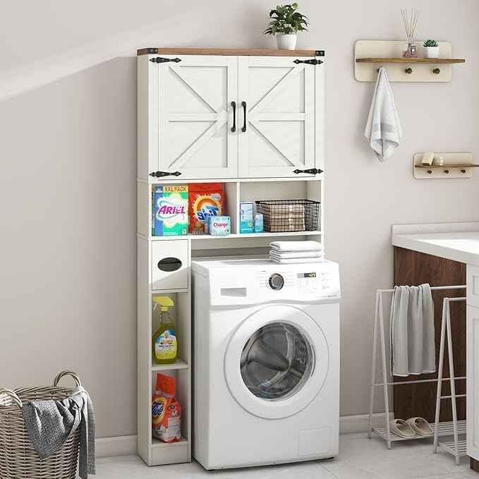 Vabches Over The Toilet Storage Cabinet, Farmhouse Storage Cabinet Over Toilet with 2 Barn Doors && Toilet Paper Holder Stand，Home Space-Saving Toilet Rack, for Laundry, Restroom, Bathroom
