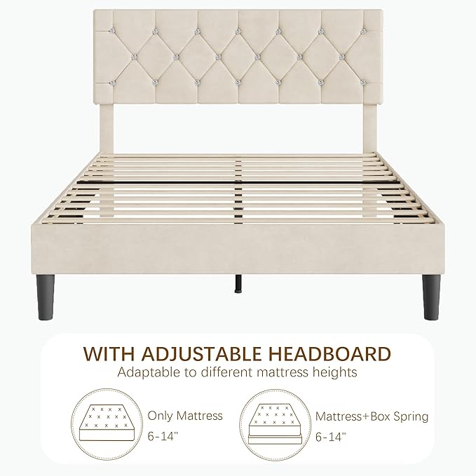 VECELO Full Size Bed Frame with Diamond Tufted Headboard, Upholstered Platform Bedframe with Wood Slat Support, No Box Spring Needed, Pala Beige