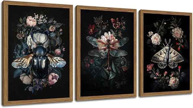 Dark Botanical Insect Canvas Wall Art Gothic Insect And Botanical Posters Prints Dark Academia Moody Floral Cottagecore Art Painting Vintage Dragonfly Beetle Moth Pictures Wall Decor Framed