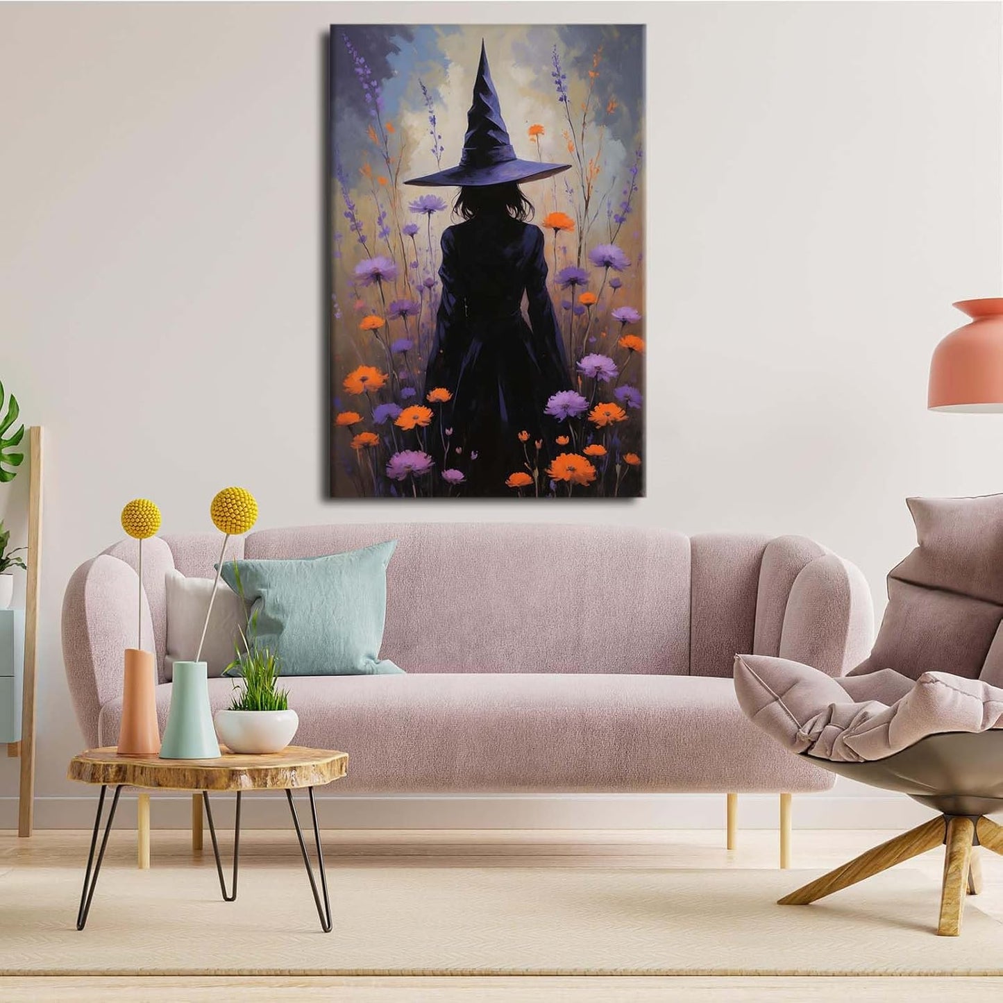 Country wildflower witch canvas print halloween mashup art witch purple decoration bohemian elegant art poster16x24in Wood Framed