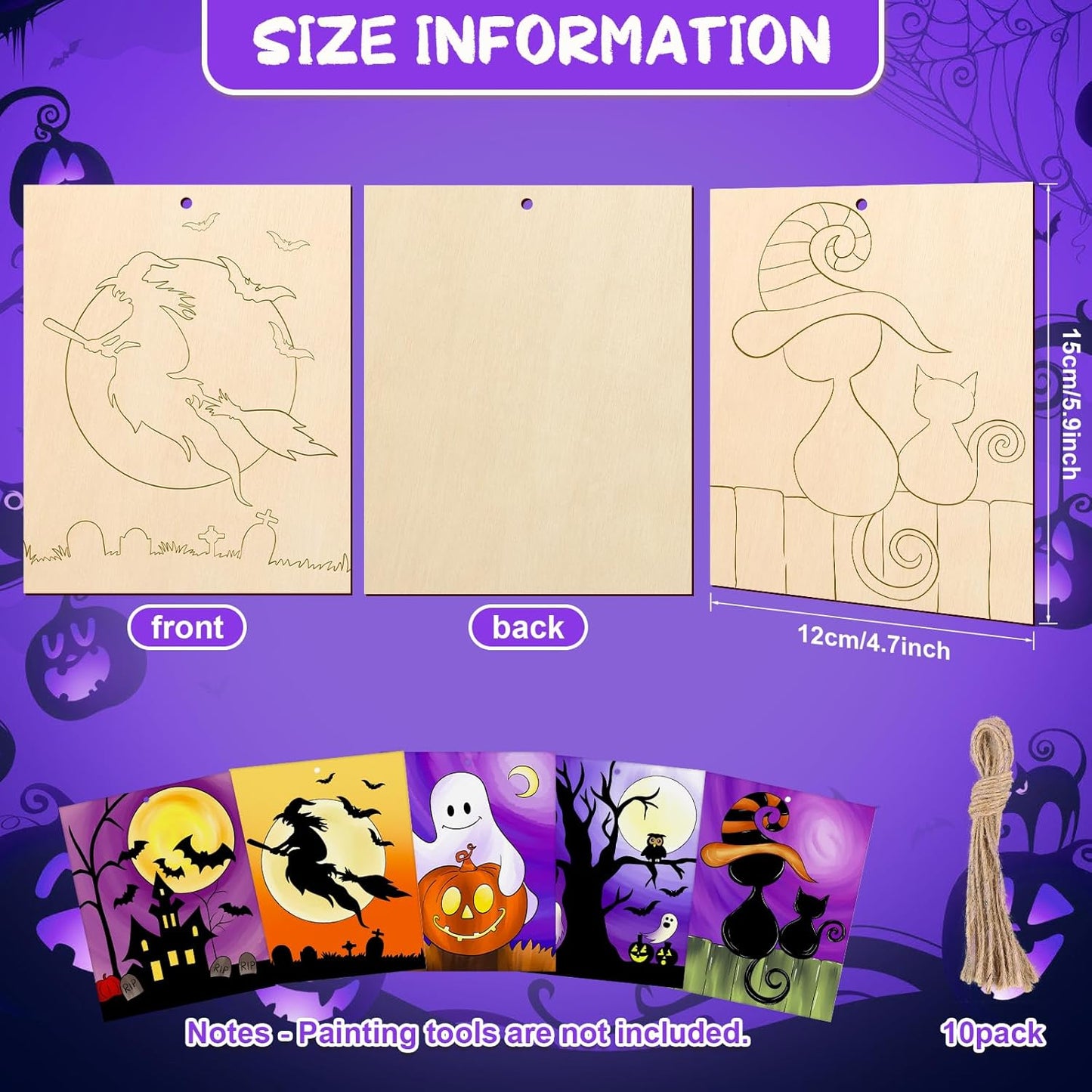 COCHIE 10PCS Large Halloween Unfinished Wood Crafts to Paint for Adults Kids, Bulk Predrilled Wooden Ornaments for Painting, Ghost Witch Bats Paintable Wood Slices Craft Supplies with Ropes