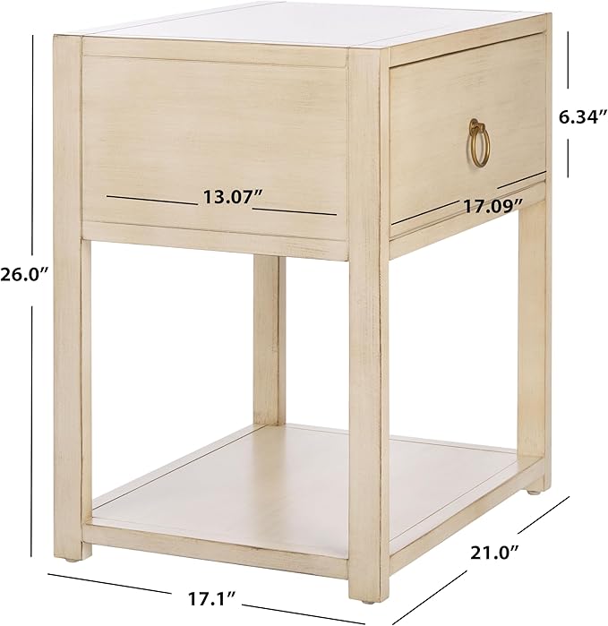 SAFAVIEH Home Collection – Yudi Antique White & Gold 1-Drawer Nightstand with Shelf, Classic Accent Table for Bedroom Storage, Fully Assembled (NST9201B)
