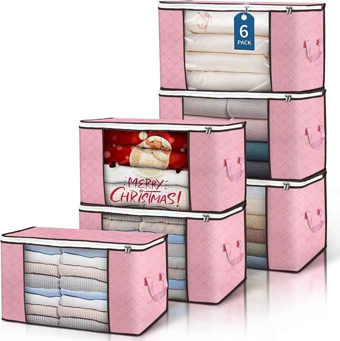 Budding Joy 90 L Large Storage Bags, 6 Pack Clothes Bins Foldable Closet Organizer Containers for Blanket, Comforters, Bed Sheets, Pillows (Pink)